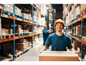 Homme portant carton dans un entrepôt